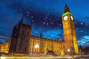 Image showing Stars over Big Ben and House of Parliament at dusk from Westmins