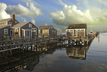 Image showing Homes over Water in Nantucket at Sunset, Massachusetts