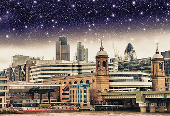 Image showing Stars over City of London, financial center and Canary Wharf at 