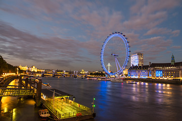 Image showing London Skyline at dusk from Westminster Bridge with illuminated 