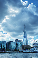 Image showing London City Hall Skylines along River Thames against blue sky, E