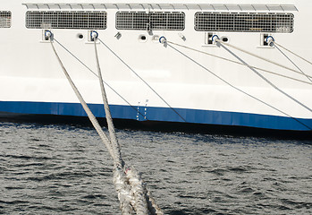 Image showing Ship ropes and moored ship