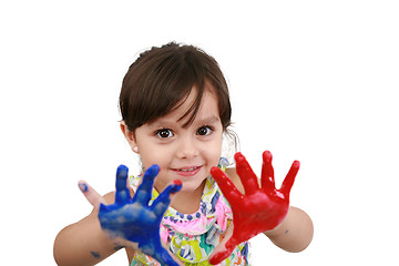 Image showing Cute little girl with painted hands. Isolated on white backgroun