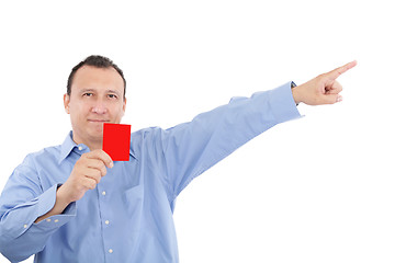 Image showing man shows someone a red card. All isolated on white background 