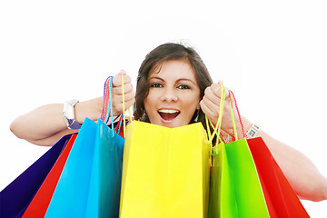 Image showing Shopping woman excited, isolated on white