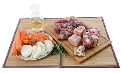 Image showing variety of meat, vegetables and wine