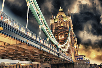 Image showing Storm over Tower Bridge at night - London