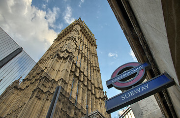 Image showing LONDON - SEP 27 : The 'Underground' sign and 'Big Ben' tower at 