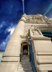 Image showing Storm over the powerful structure of Tower Bridge in London