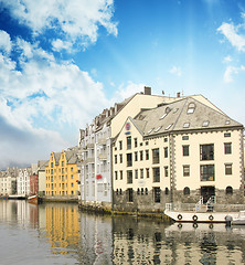 Image showing Small harbor in downtown of Alesund, with Reflections - Norway