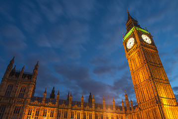 Image showing Lights of Big Ben at Dusk with blurred moving cloud - London