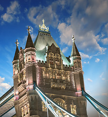 Image showing Lights and Colors of Tower Bridge at sunset with Clouds - London