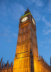 Image showing Lights of Big Ben at Dusk with blurred moving cloud - London