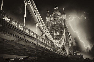 Image showing Storm over Tower Bridge at night - London