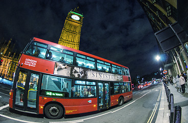 Image showing LONDON - SEP 28:Classic Routemaster double decker bus speeds up 