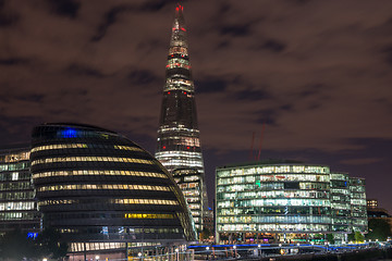 Image showing London Cityscape, including City Hall and River Thames at Night,