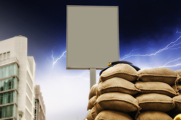 Image showing Checkpoint with blank Signboard and Sandbags