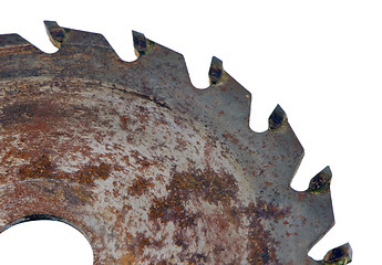 Image showing Retro rusty circular saw disk closeup on white 