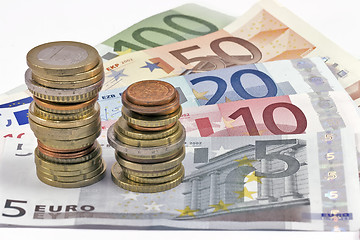 Image showing Close-up of Euro banknotes and coins