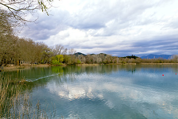 Image showing Lake Banyoles, Spain Barcelona, Panoramic Photography at sunset.