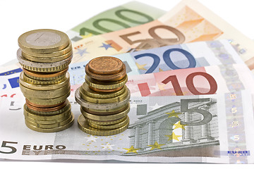 Image showing Close-up of Euro banknotes and coins