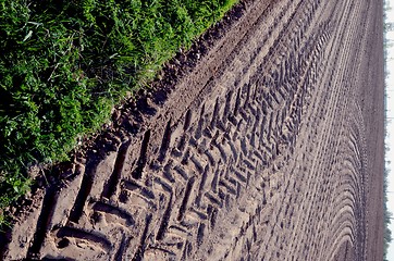 Image showing Leveled agricultural field truck wheel mark ground 