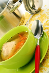 Image showing Soup in bowl, pan and ladle. 