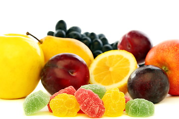 Image showing Colorful jelly and fresh fruit.