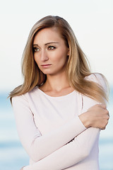 Image showing beautiful blonde woman portrait on the beach