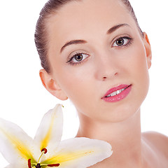 Image showing young beautiful woman portrait with white flower