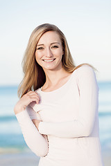 Image showing beautiful blonde woman portrait on the beach