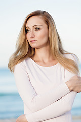 Image showing beautiful blonde woman portrait on the beach
