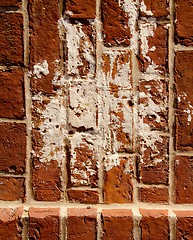 Image showing Vintage dirty red brick wall background closeup 