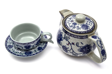 Image showing Chinese tea set with pot and cups 
