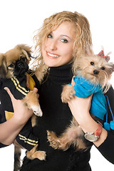 Image showing Portrait of smiling attractive blonde with two dogs. Isolated