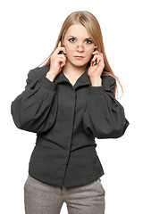 Image showing Portrait of serious young blonde in a gray business suit