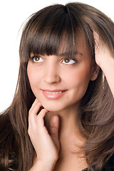 Image showing thoughtful woman with dark hair and brown eyes