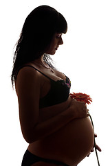 Image showing Pregnant young brunette with flower. Isolated 