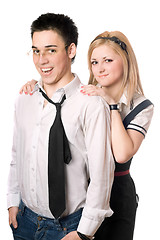 Image showing Portrait of cheerful student pair. Isolated