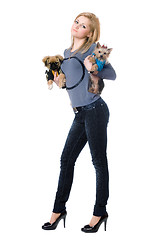 Image showing Attractive young blonde posing with two dogs