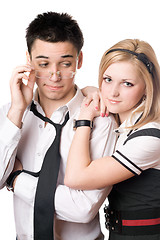 Image showing Pretty funny student pair. Isolated