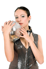 Image showing Portrait of brunette with a mirror ball