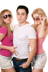 Image showing Portrait of a two sensual women and handsome young man