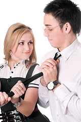 Image showing Portrait of funny playful student pair. Isolated