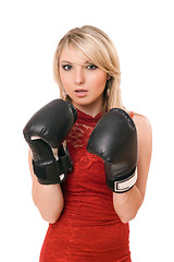 Image showing Beautiful young blonde in boxing gloves