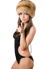 Image showing caucasian woman in swimsuit and fur-cap