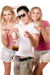 Image showing Happy young people with a bottle of whiskey