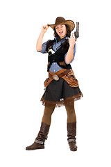 Image showing Cheerful cowgirl with a gun