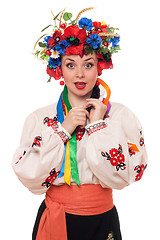 Image showing surprised woman in the Ukrainian national clothes