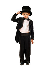 Image showing Little boy in a tuxedo and hat